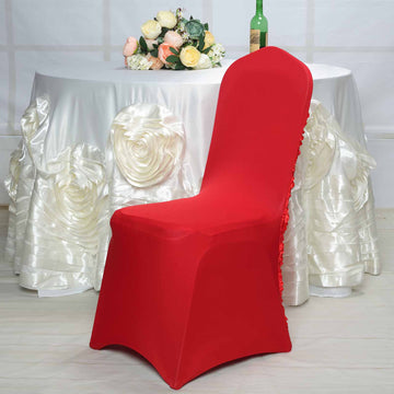 Add Elegance to Your Event with the Red Satin Rosette Spandex Stretch Banquet Chair Cover