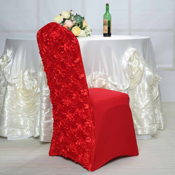 Create a Luxurious Atmosphere with the Red Satin Rosette Spandex Stretch Banquet Chair Cover