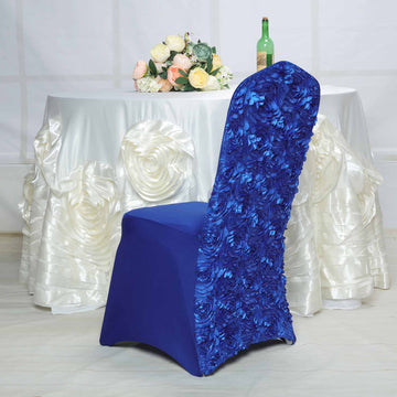 Add a Touch of Glamour with the Royal Blue Satin Rosette Spandex Stretch Banquet Chair Cover