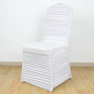White stretch chair cover with pleated design for events and parties
