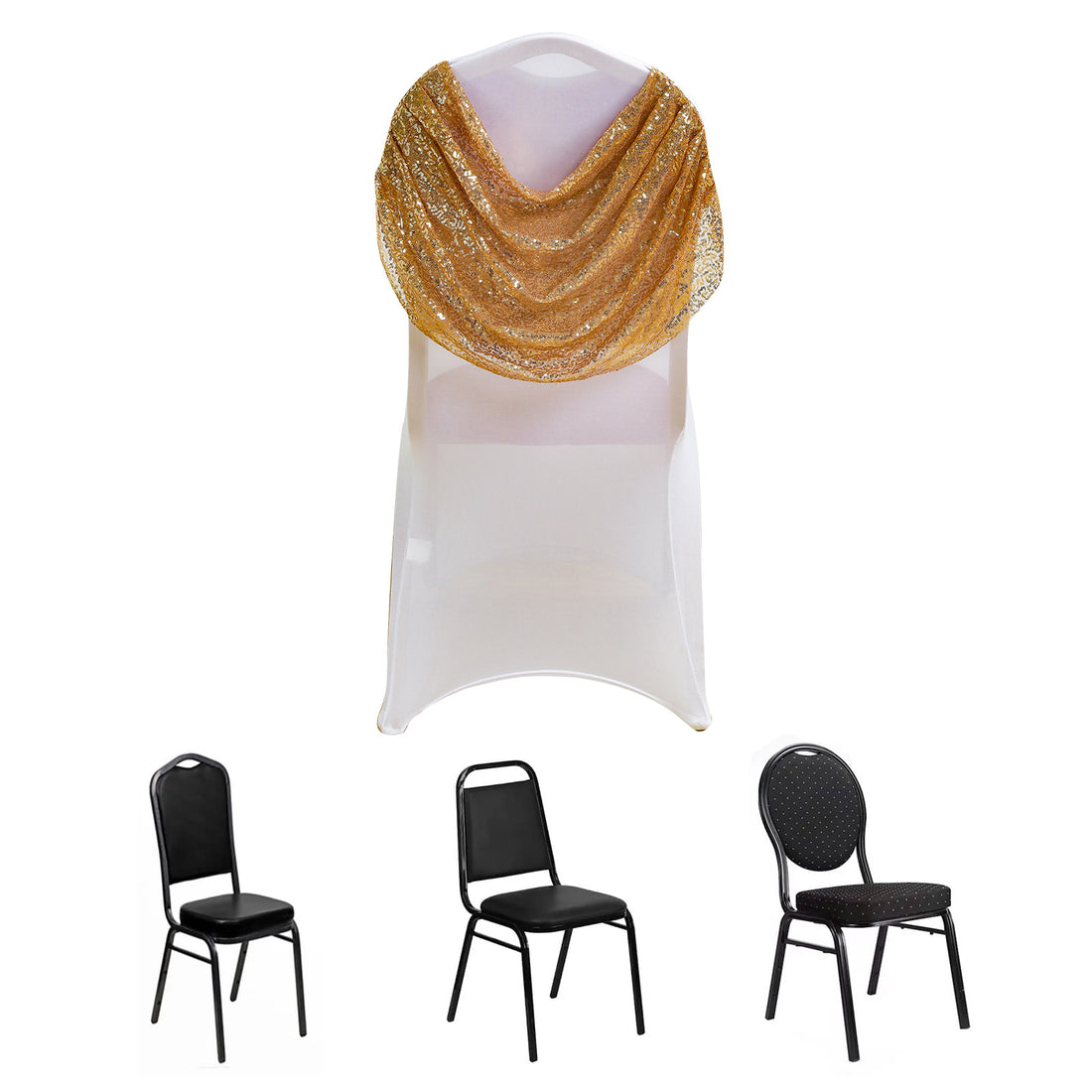 Four stylish chairs with a gold draped cover on a plain backdrop.