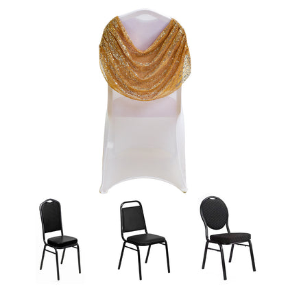 Spandex Fitted Banquet Chair Cover White with Gold Sequin Ruched Swag Back and Foot Pockets, Durable Slip-On Slipcover