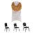 Four stylish chairs with a gold draped cover on a plain backdrop.