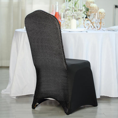 Elegant black chair cover for formal events and weddings.