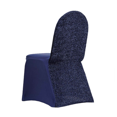 Navy blue chair cover with shimmer finish, showcasing unique design and texture.
