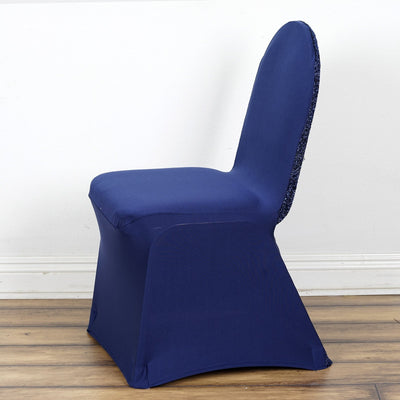 Navy blue chair cover with decorative edge