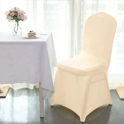 Chair cover in cream color, elegantly styled for dining settings.
