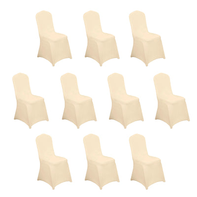 Ten cream chair covers on a plain white background.
