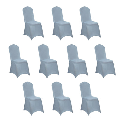 Ten blue chair covers on a plain white background