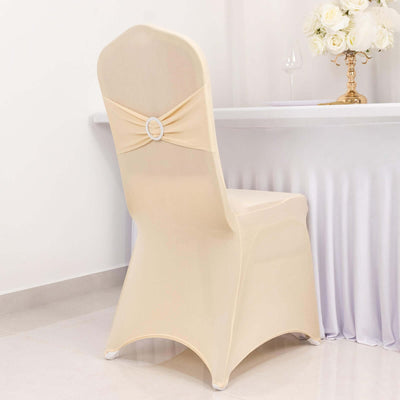 Elegant cream chair cover with decorative back detail for events and weddings.