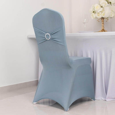 Elegant blue chair cover with decorative buckle, ideal for events or weddings.