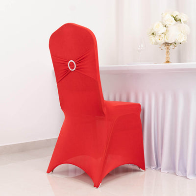 Red chair cover with a decorative ring, perfect for events and celebrations.