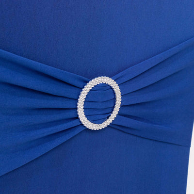 Blue dress with jeweled embellishment detail.