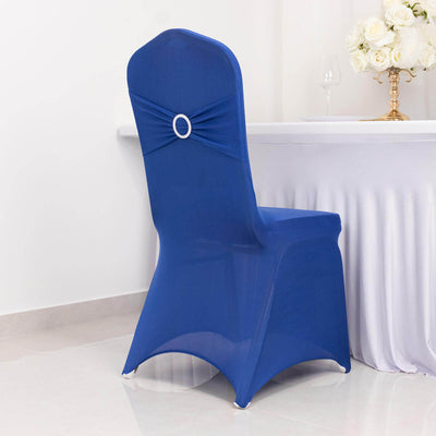Blue chair cover with bow detail for elegant events.