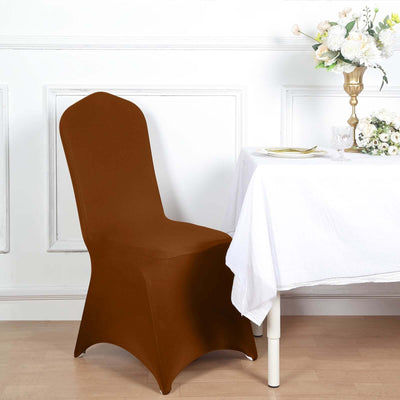 Brown chair cover on a table set for dining.