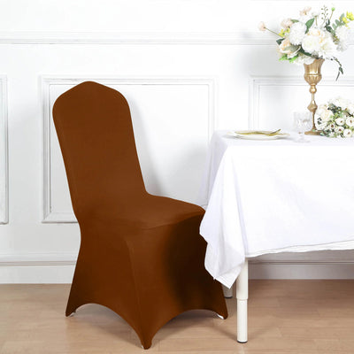 Brown chair cover for elegant dining setup with floral centerpiece.