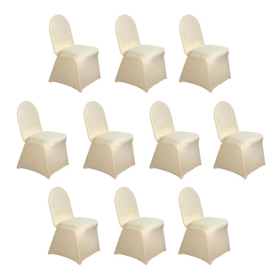 Set of 10 ivory banquet chairs on a plain white background