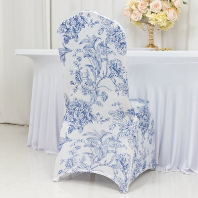 Floral-patterned chair cover on a dining chair at a table setting.