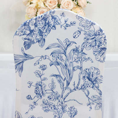 Floral patterned chair cover in blue and white.