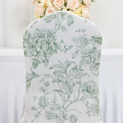Floral-patterned chair cover with green botanical designs on a light background.