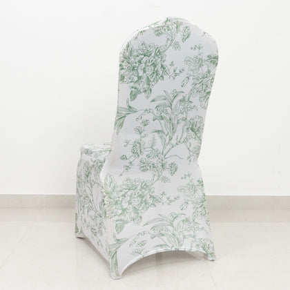 10 Pack Spandex Fitted Banquet Chair Covers – White Dusty Sage Green French Toile Stretch Slip-On Reusable Floral Slipcovers
