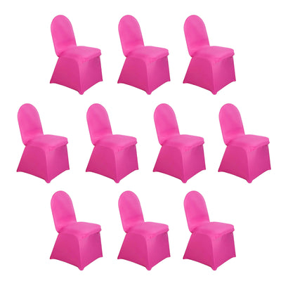 Set of 10 pink chair covers on a white background