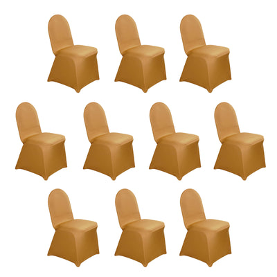 Ten gold chair covers on a white background.
