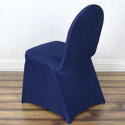 Navy blue chair cover on a wooden floor.