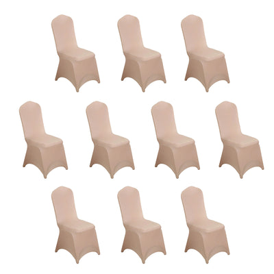 Set of ten beige chair covers on a white background