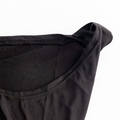 Black fabric close-up showing neckline details and stitching.