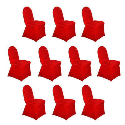 Set of ten red chair covers on a white background