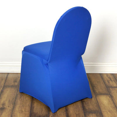 Blue chair cover on a plain chair against a white background.