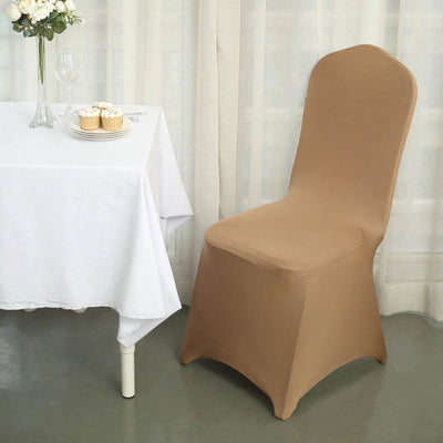 Elegant brown chair cover draped over a dining chair beside a table.