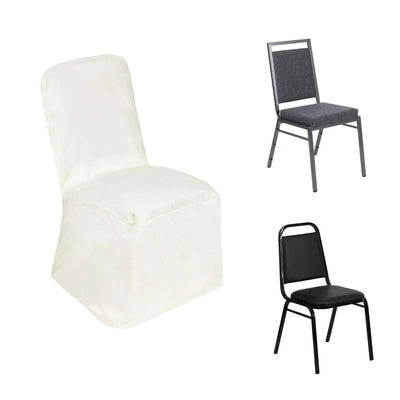 Various chair designs: white cover chair, gray fabric chair, black plastic chair.