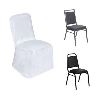 Three different chairs: white cover chair, gray upholstered chair, and black metal chair.