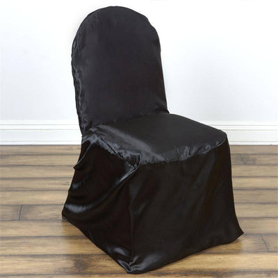 Black satin chair cover for event decor.