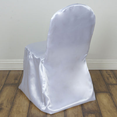 White satin chair cover, elegant and smooth fabric, perfect for events and decorations.