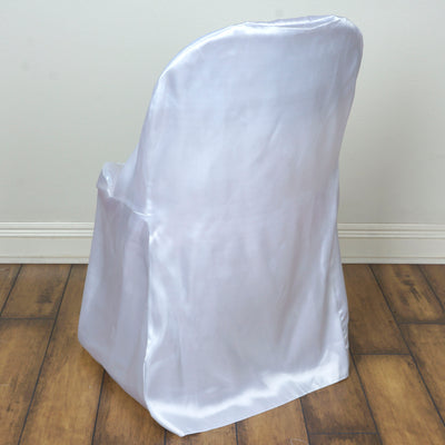White satin chair cover with a smooth finish, designed for elegant events.
