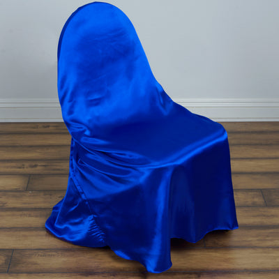 Blue satin chair cover on a wooden floor.
