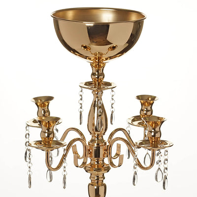 Gold candelabra with crystal accents and five candle holders