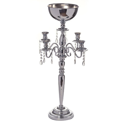 Elegant chrome candelabra with crystal accents and a bowl for floral arrangements