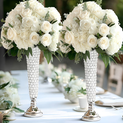 2-Pack Crystal Beaded Trumpet Vase 28" Tall Silver - Decorative Bouquet Vase Table Centerpiece Set for Glamorous Weddings Parties & Home Decor