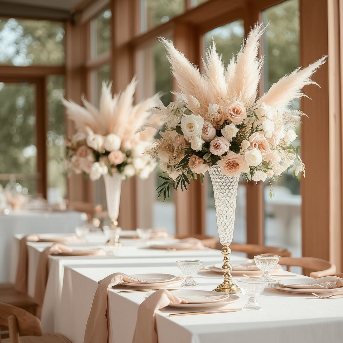 Elegant floral arrangements with roses and pampas grass in a bright, modern setting.