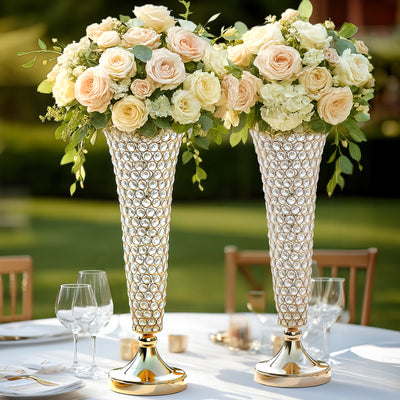 2-Pack Crystal Beaded Trumpet Vase Set 22" Gold - Table Centerpiece for Stylish Decor