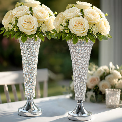 2-Pack Crystal Beaded Trumpet Vase Set 22" Silver - Table Centerpiece for Stylish Decor
