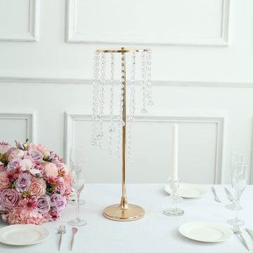 Elegant Gold Metal Flower Stand Table Centerpiece with Spiral Hanging Beads