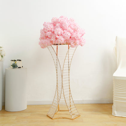 Crystal Pendant Flower Stand with Gold Metal Frame – 32" Hourglass Column Vase Holder for Floral Arrangements & Table Centerpieces