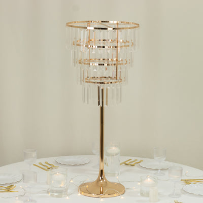 Elegant gold and crystal standing lamp on a table setting.