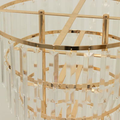 Elegant gold and crystal chandelier with cascading prisms.