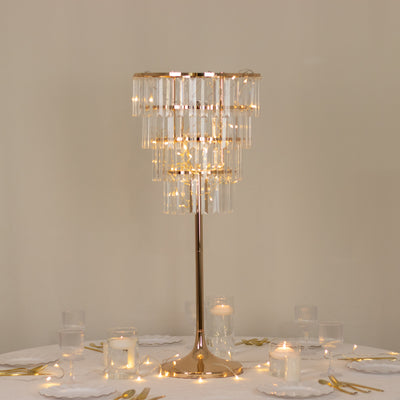 Crystal Pendant 4-Tier Table Centerpiece Chandelier – 38" Gold Metal Flower Stand with Round Frame & Base, Hanging Crystals